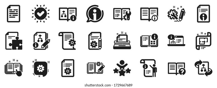 Set of Instruction, Plan and Manual icons. Technical document icons. Help document, Building plan and Algorithm symbols. Technical blueprint, Engineering instruction, Work tool, building. Vector