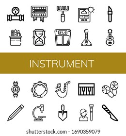 Conjunto de iconos de instrumentos. Tales como Manómetro, Herramientas, Paleta de Pintura, Hormigón, Pastel, Escala de Baño, Termómetro, Balalaika, Escalpel, Guitarra, Indicador, Lápiz , iconos de instrumentos