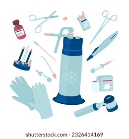Con instrumentos para la criocirugía. Instrumentos médicos vendaje autobloqueo, tijeras quirúrgicas, dermatoscopio, crioprobio, algodón, cilindro criogénico, guantes. Ilustración vectorial plana.