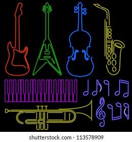 Set of instruments and notes in neon sign style