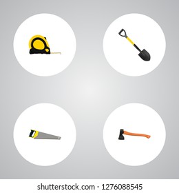 Set of instruments realistic symbols with ax, measure tape, shovel and other icons for your web mobile app logo design.