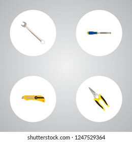 Set of instruments realistic symbols with carpenter, cutter, shear and other icons for your web mobile app logo design.