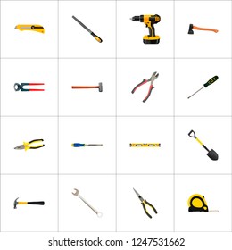 Set of instruments realistic symbols with drill, long-pliers, shovel and other icons for your web mobile app logo design.