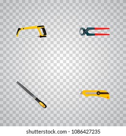 Set of instruments realistic symbols with hacksaw, pincers, cutter and other icons for your web mobile app logo design.