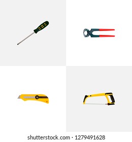 Set of instruments realistic symbols with hacksaw, pincers, screwdriver and other icons for your web mobile app logo design.