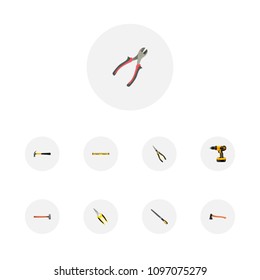 Set of instruments realistic symbols with hammer, pliers, ax and other icons for your web mobile app logo design.