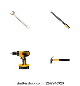 Set of instruments realistic symbols with rasp file, hammer, wrench and other icons for your web mobile app logo design.