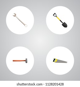 Set of instruments realistic symbols with saw, shovel, wrench and other icons for your web mobile app logo design.