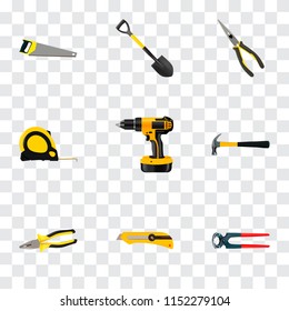 Set of instruments realistic symbols with saw, drill, pincers and other icons for your web mobile app logo design.