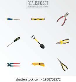 Set of instruments realistic symbols with screwdriver, carpenter, pincers and other icons for your web mobile app logo design.