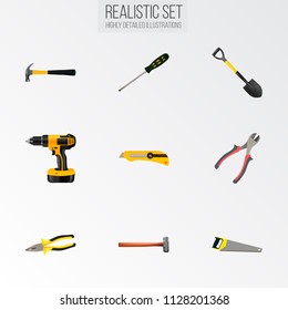 Set of instruments realistic symbols with shovel, hammer, pliers and other icons for your web mobile app logo design.