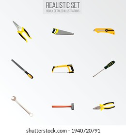 Set of instruments realistic symbols with sledgehammer, saw, rasp file and other icons for your web mobile app logo design.