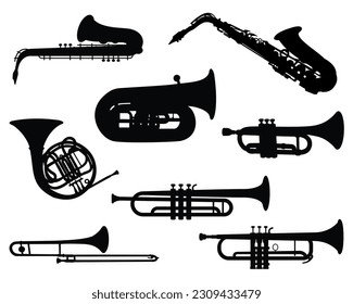 Set of wind musical instruments vector design. Saxophone, trumpet