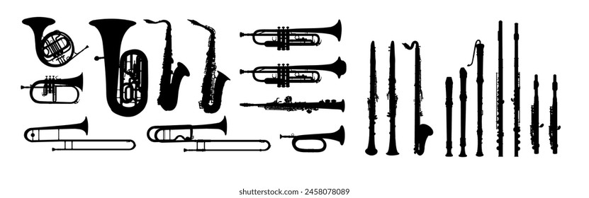 set of instruments silhouette, trumpet, horn, French horn, tuba, saxophone, flute, clarinet, piccolo	