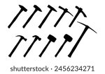 Set of instruments: sledge hammer, hammer, wooden mallet. Working tool of carpenter, builder. Tools with wooden handles and steel base, for hammering nails and breaking objects. Vector illustration.