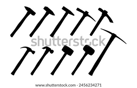 Set of instruments: sledge hammer, hammer, wooden mallet. Working tool of carpenter, builder. Tools with wooden handles and steel base, for hammering nails and breaking objects. Vector illustration.