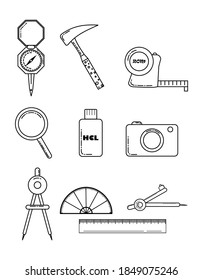 A set of instruments used by geologists. A set of science instruments.