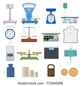 Set Of Instruments For Weighing. Scales In Flat Style. Device For Measuring Weight. Isolated On White Background. Vector Illustration.