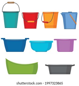 Set of insulated containers for washing and cleaning made of plastic, basins bucket bath, vector in flat style