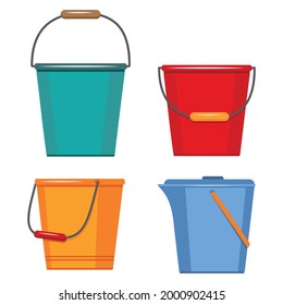 Set of insulated containers for washing and cleaning made of plastic, basins bucket bath, vector in flat style