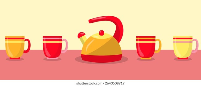 A set of insulated elements: a red teapot and 4 multicolored cups are on the table.
