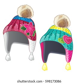 A set of insulated knitted wool winter hats with pompoms isolated on white background. Vector close-up cartoon illustration.
