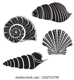 The set is an insulated seashell. Vector illustration, black stencil icon