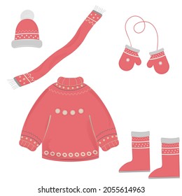 A set of insulated warm clothes in pink on a white background. A set of winter clothes with texture and patterns. Vector illustration.
