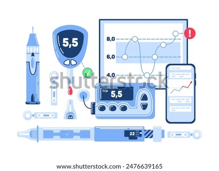 A set of insulin gadgets for diabetics. insulin pump, pen injector, glucometer, lancet, Independent glucose monitoring system, application on the phone. Endocrinology system disease.