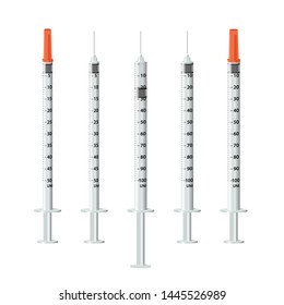 Set of insulin syringes for 50 ml and 100 ml. Insulin injection for diabetes. Realistic vector illustration isolated over white background.