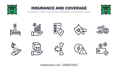 set of insurance and coverage thin line icons. insurance and coverage outline icons such as finances, contract coverage, health insurance, risk pool, overturned vehicle, overturned vehicle, moving