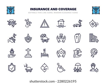 set of insurance and coverage thin line icons. insurance and coverage outline icons such as vehicle repair, disaster, engine problems, vision insurance, coffin, funeral, investment hail on the car,