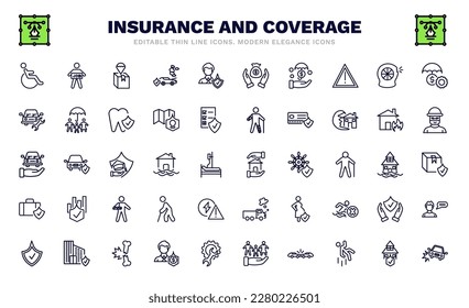 conjunto de iconos de la línea delgada de seguro y cobertura. íconos del esquema de seguro y cobertura tales como discapacitados, seguro de entrega, reparación de vehículos de inversión, protección del equipaje de la casa de transporte, accidente
