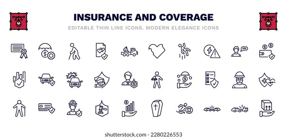 set of insurance and coverage thin line icons. insurance and coverage outline icons such as license, retirement, bite, deposit insurance, burning car, broken arm, elderly, legal expenses, risk pool,