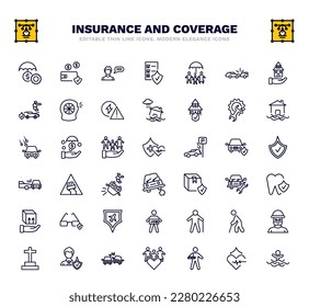 set of insurance and coverage thin line icons. insurance and coverage outline icons such as money insurance, advice, life repair, health slippery road, dental elderly, crash vector.