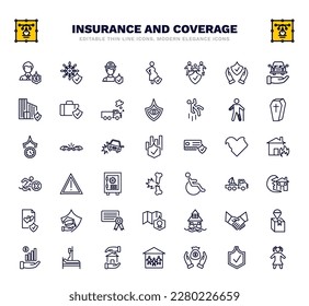 set of insurance and coverage thin line icons. insurance and coverage outline icons such as beneficiary, construction risk, family insurance, wounded, actual cash value, disaster, tsunami flooded