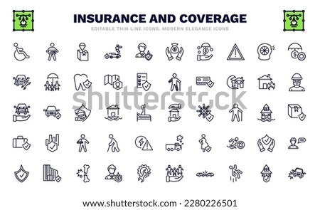 set of insurance and coverage thin line icons. insurance and coverage outline icons such as disabled, delivery insurance, investment vehicle repair, transport house luggage protection, accident