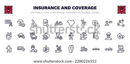 set of insurance and coverage thin line icons. insurance and coverage outline icons such as license, retirement, bite, deposit insurance, burning car, broken arm, elderly, legal expenses, risk pool,