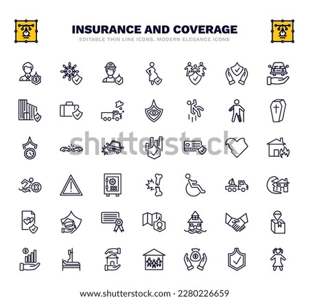 set of insurance and coverage thin line icons. insurance and coverage outline icons such as beneficiary, construction risk, family insurance, wounded, actual cash value, disaster, tsunami flooded