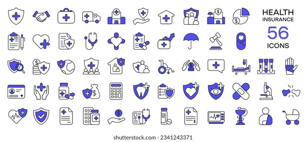 Set of insurance and guarantee icons. Contains icons of health insurance, life, car, home, travel insurance. Vector illustration