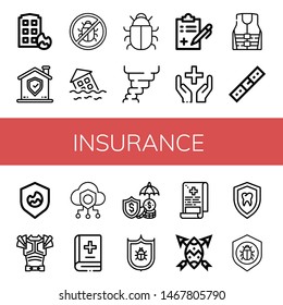 Set of insurance icons such as House on fire, Shield, Antivirus, Flood, Hurricane, Medical report, Healthcare, Life jacket, Belt, Armor, Safe, Medicine book, Insurance , insurance