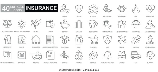 Set of insurance icons,outline icon set, vector, simple thin line icons collection,Containing healthcare medical, life, car, home, travel insurance icons. Solid icons vector icons