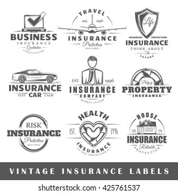 Set of  insurance labels. Elements for design on the  insurance theme. Collection of  insurance symbols: shield, lifebuoy, protection. Modern labels of  insurance. Vector illustration 