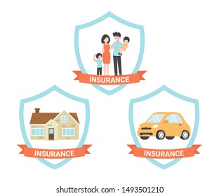 Set Insurance life, house, car. Modern flat vector illustrations design isolated on white background.