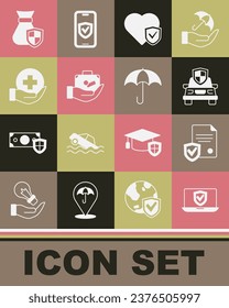 Set Insurance online, Contract with shield, Car insurance, Life, Travel suitcase hand, Money bag and Umbrella icon. Vector