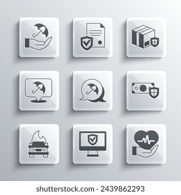 Set Insurance online, Life insurance, Money with shield, Umbrella, Burning car, hand and Delivery security icon. Vector