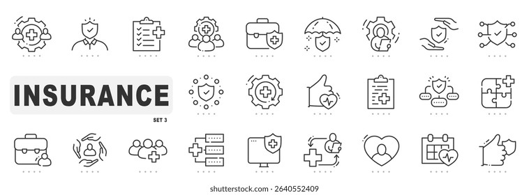 Set of insurance related line icons. Care, protection, health etc. Editable stroke. Set 3