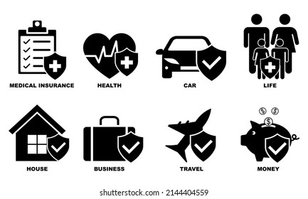 Set with insurance vector icons. Collection black icons with insurance. Medical shield.