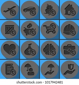 Set of insurance vector icons. Round papercut pictogram with 3d effect.