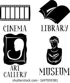 Set of intellectual entertainment. Museum, art gallery, library and cinema. Sculpture, painting, book and film. Lettering. Hobbies and learning.
